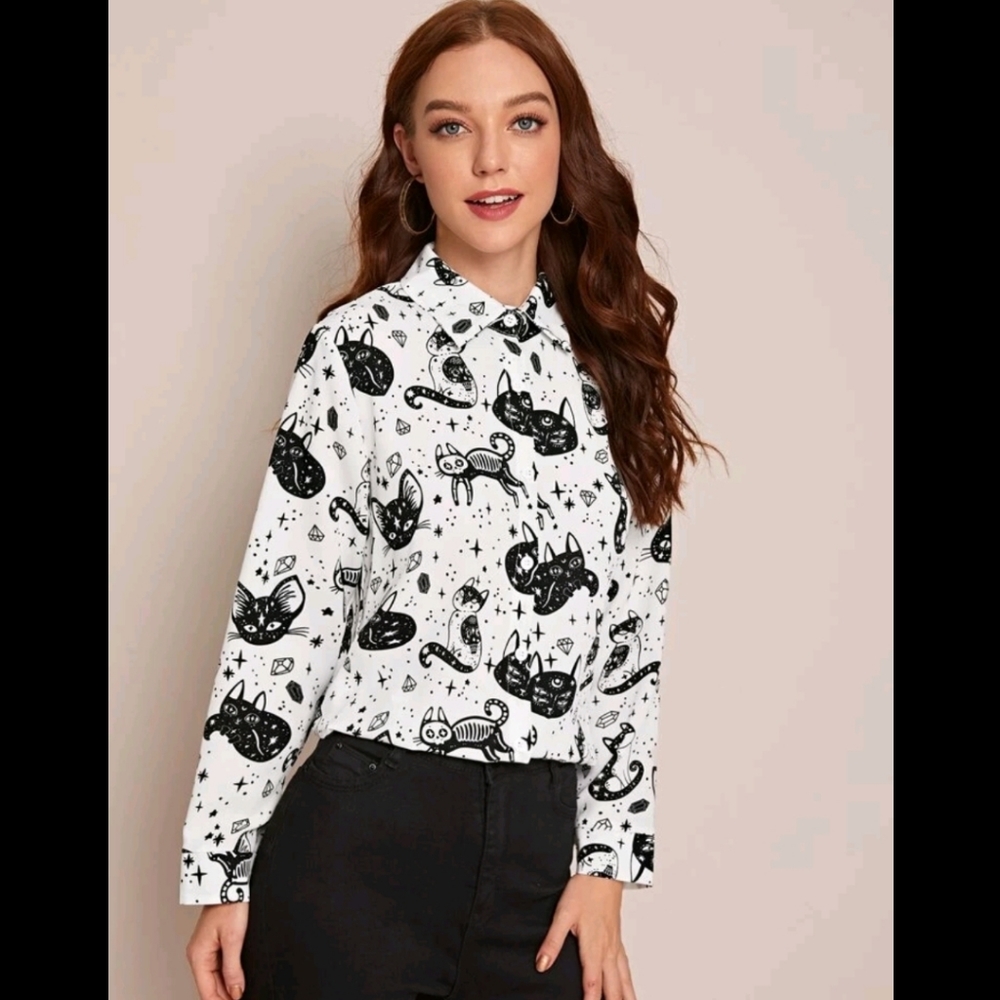 Black And White Cat Print Button Up Blouse